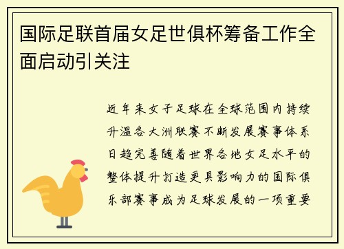 国际足联首届女足世俱杯筹备工作全面启动引关注