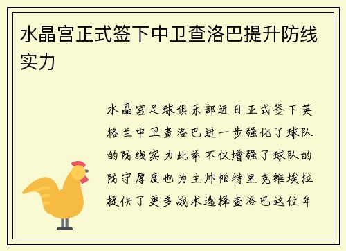 水晶宫正式签下中卫查洛巴提升防线实力