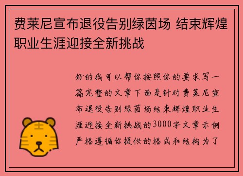 费莱尼宣布退役告别绿茵场 结束辉煌职业生涯迎接全新挑战 费莱尼宣布退役告别绿茵场 结束辉煌职业生涯迎接全新挑战